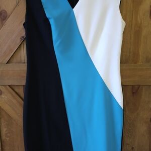 Calvin Klein Asymmetrical Dress - Black, White, and Teal